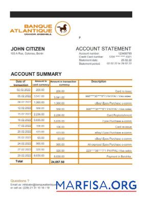 Realistic Benin Banque Atlantique bank statement excel template